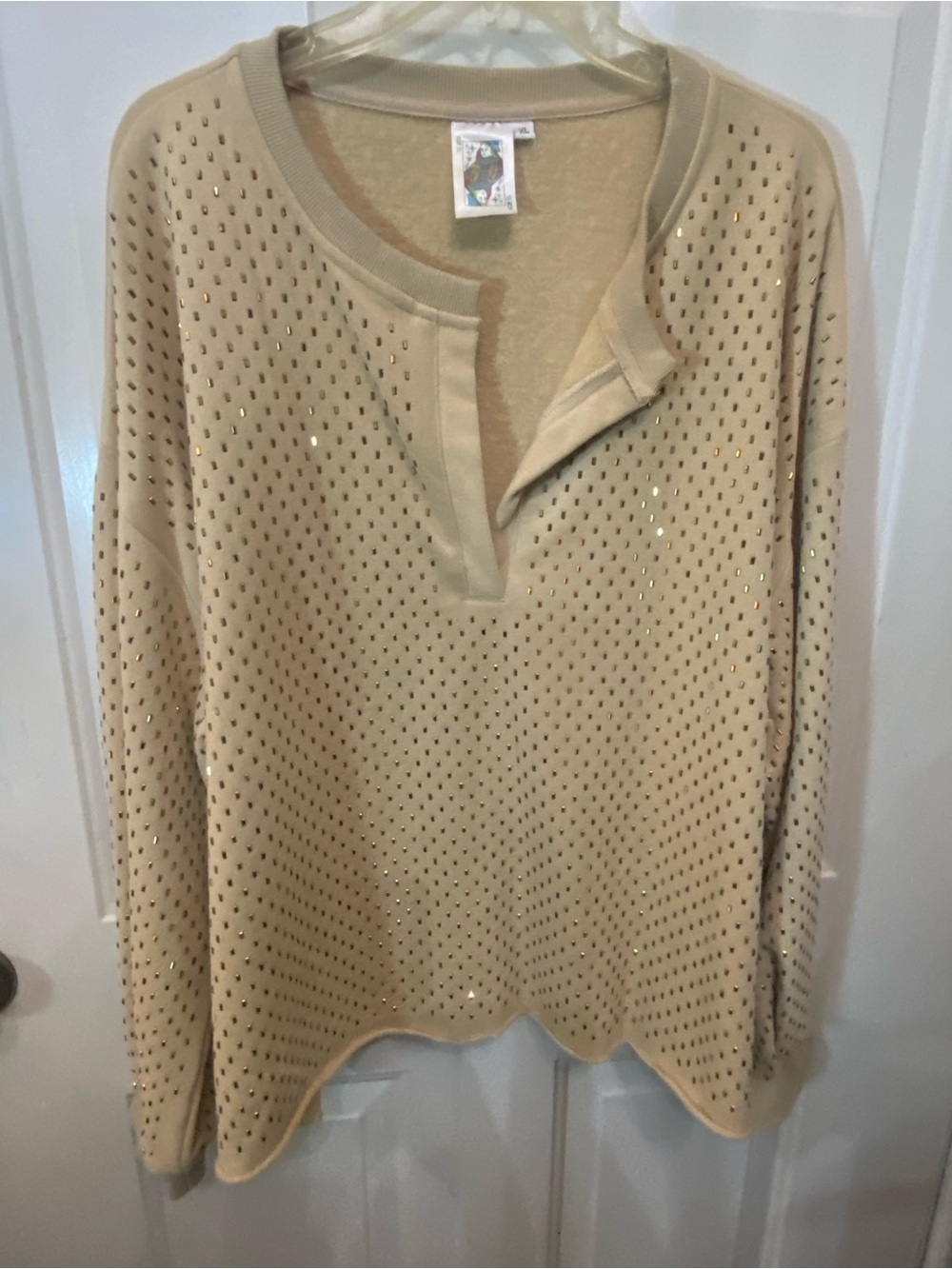 QUEEN OF SPARKLES Beige Studded Pullover Sweatshirt- EUC